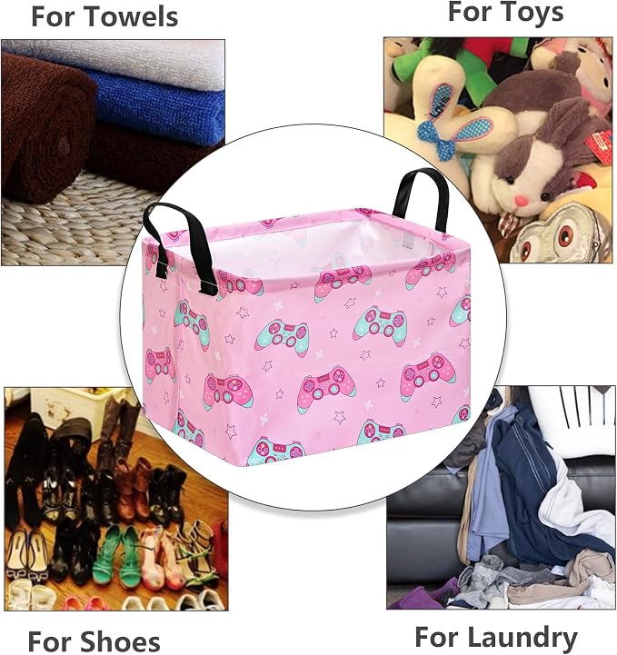 MAIZMZ Girls Storage Basket,Pink Controller Print Kids Hamper,Waterproof Lining, Leather Handles, Collapsible for Gamer Girls, Toys, Clothes, Gift Basket