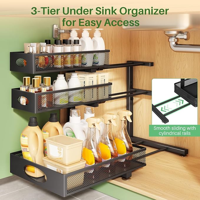 Kitstorack Under Sink Organizer 3-Tier Slide Out Drawer 2-Pack Black | Height Adjustable, Metal Mesh Storage Rack, Pull out Cabinet Organizer Shelf for Bathroom Kitchen Pantry Home Organization