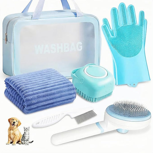 6PCS Dog Bath Kit & Dog Brush Kit - Professional Pet Grooming Tools Set for Dogs & Cats, Includes Shedding Brush, Bath Scrubber & Dematting Combs - Complete Dog Washing Essentials Blue