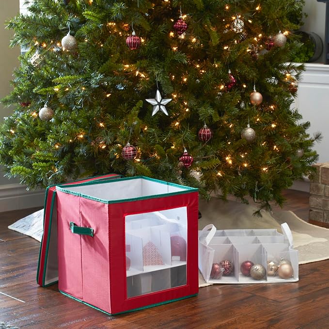 Household Essentials 27‑Piece Ornament Storage Box with Clear Front Panel and Adjustable Dividers, Red and Green