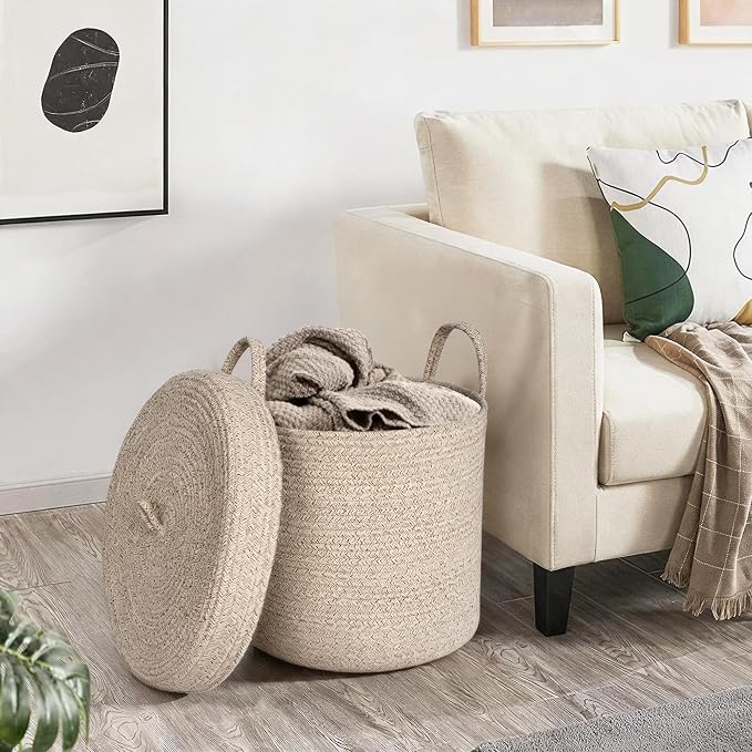 15”x13” Storage Basket with Lid, Blanket Storage for Living Room, Woven Cotton Rope Bin with Cover, Kids Dog Toy Box, Baby Laundry Basket with Lid, Covered Blankets Pillows Holder, Brown