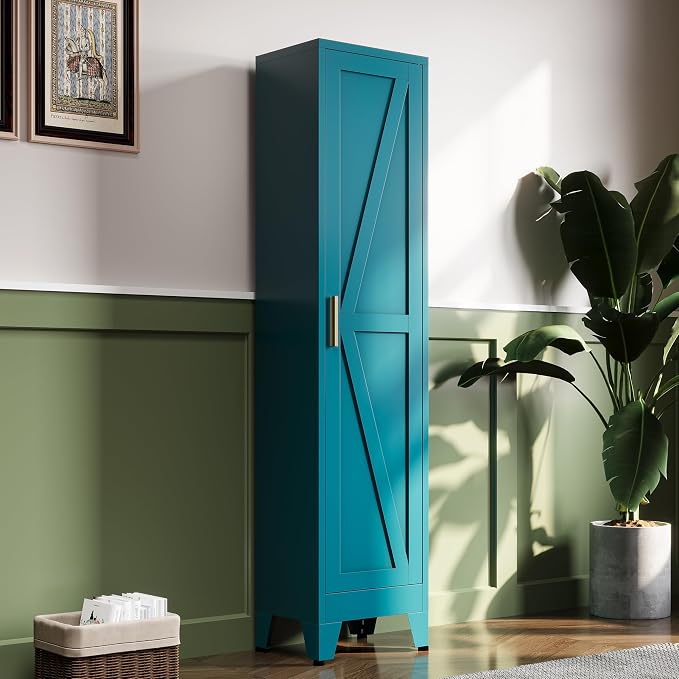 67" H Broom Closet Storage Cabinet,Metal Cleaning Cabinet,Narrow Storage Cabinets with 4 Adjustable Shelves,Slim Tall Floor Cabinet