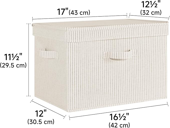 StorageWorks Fabric Storage Bins with Lids, Closet Storage Bins | Flip-Top Lid, 3 Handles, Collapsible, Stackable, for Clothes Blankets, Multi-Purpose, Jumbo, Khaki and Beige Stripes, 2-Pack