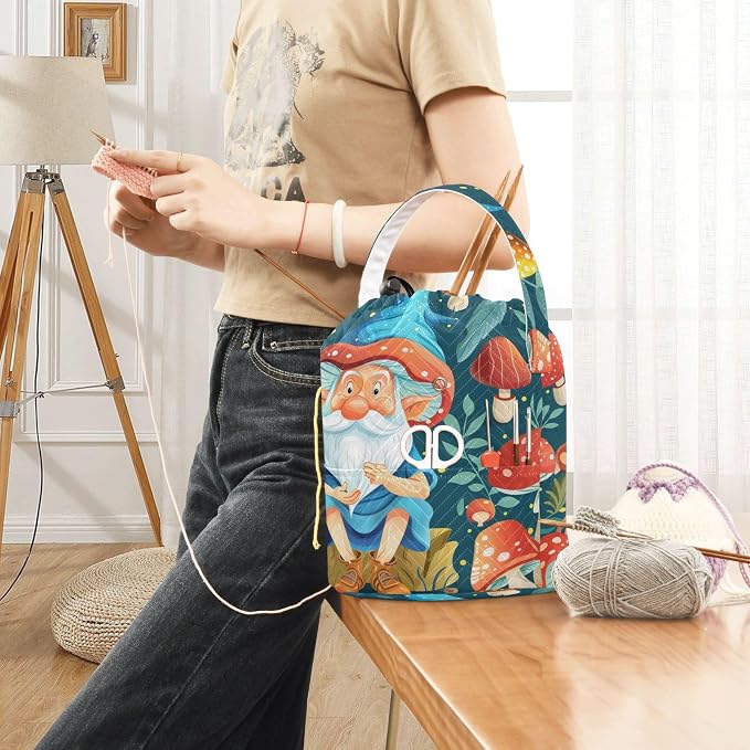Fustylead Magical Gnome and Vibrant Mushroom Knitting Crochet Bag, Portable Large Yarn Storage Drawstring Basket Organizer for Crocheting Hooks, Project, Store Skein Ball, Short Knitting Needle