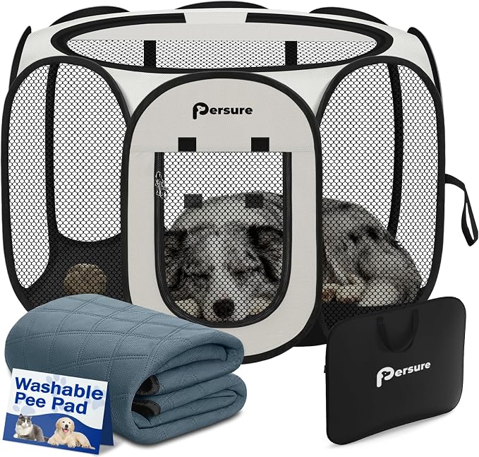 Persure Dog Cat Pet Playpen Puppy Crate Cage for Indoor Outdoor Travel | Nursing Rest Zone Recovering Pet Quarantine Room Portable Pop Up Easy to Set up lightweight Bag (White with Pad, Large
