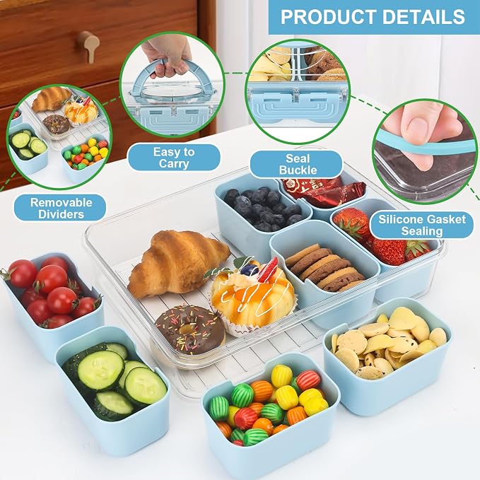 2Pcs Snackle Box Snack Containers with Lid Divided Serving Tray with Handle | Portable Snack Platter Fruit Veggie Trays Snackele Box Containers for Charcuterie, Party, Snack, Nuts, Beach, Travel, Picnic