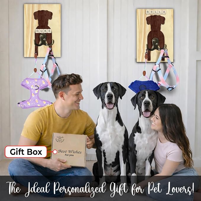 Great Dane Dog Leash Holder Wall Mount with Scrabble Letters, Wooden Dog Wall Hook Organizer, Pet Collar and Harness Holder Entryway, Key Hook and Leash Rack, Gift for Pet Lovers, Home Decor PF297-40
