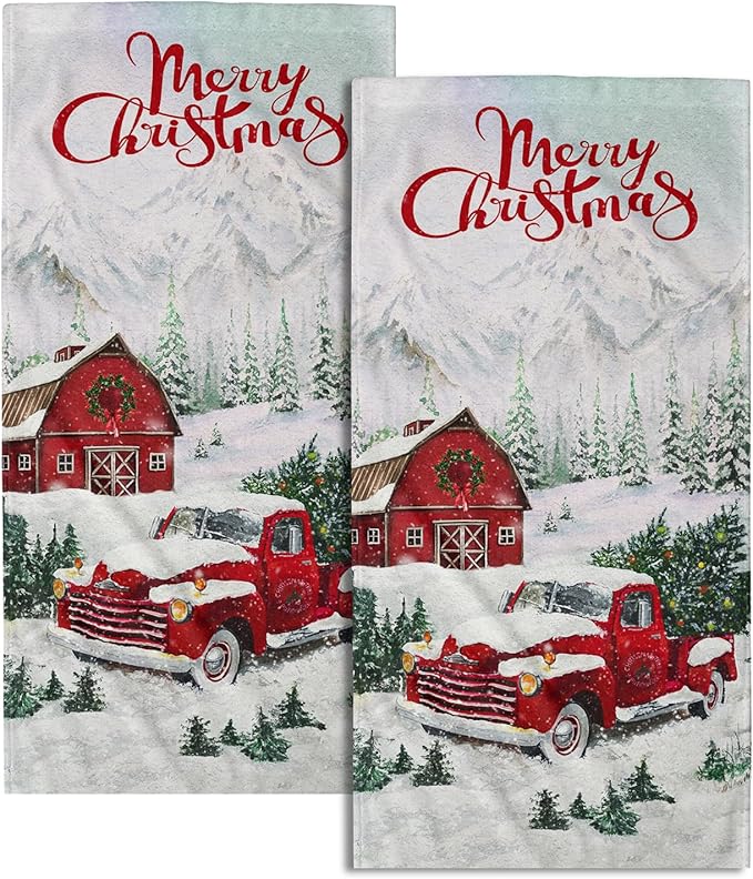 Giwawa Merry Christmas Hand Towels Set of 2 Red Truck Face Guest Towel Xmas Holiday Decorative Soft Fingertip Towel for Bathroom Kitchen Yoga Gym