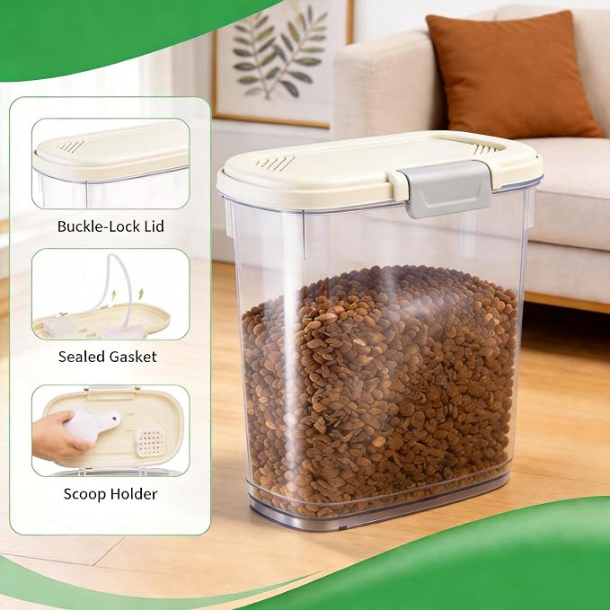 Airtight Dog Cat Pet Food Storage Container 10 Lbs, Slim Tall Dry Food Bin | Clear Plastic Pet Food Treat Container with Lid, Scoop and Cup, Food Storage Bin for Dogs, Cats, Bird Seeds, Kibble, Pellets