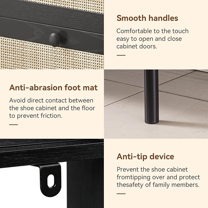 Rattan Shoe Cabinet Storage,Narrow Shoe Rack for Entryway with 2 Flip Drawers, Freestanding Wooden Shoe Organizer Cabinet with Metal Legs for Hallway