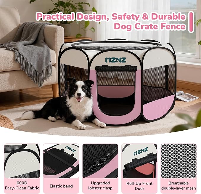 Dog Cat Small Animal Puppy Playpen Crate, Large, Pink | Portable Pop Up Pet Cage Enclosure Tent Kennel Indoor Outdoor with Carrying Case, No Assembly, Camping Use