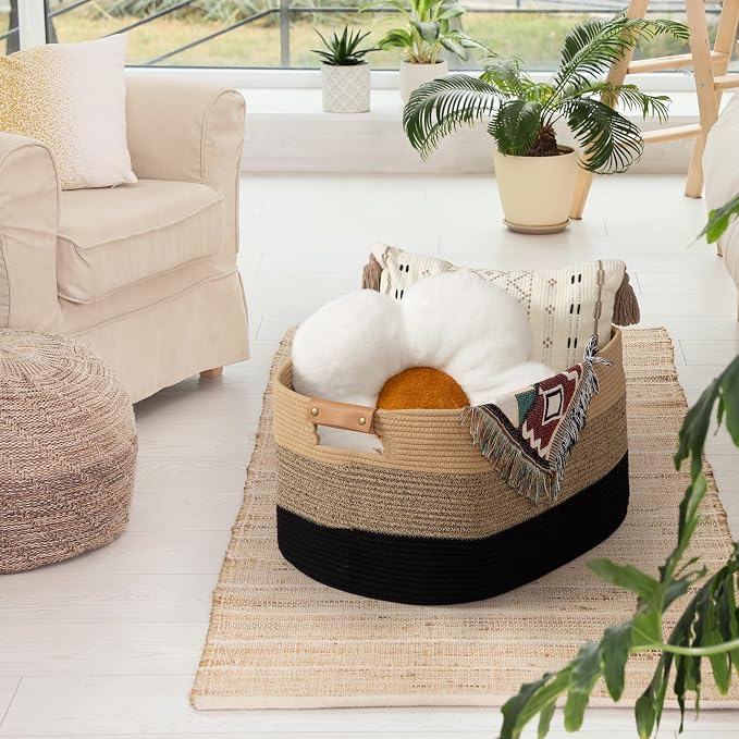 danpinera Large Blanket Basket for Living Room,72 L Rectangle Toy Storage Basket for Nursery Room, Woven Rope Storage Box with Leather Handle, 22’’*17’’*11.8’’, Gradient Linen