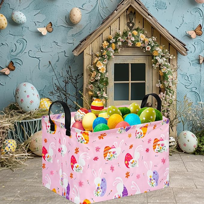 Rectangular Easter Basket Storage Bin for Shelves Cute Gifts Baskets Foldable Box with Handles for Boy and Girl Home Office Car Dormroom Easter Party Supplies