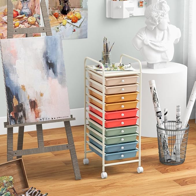 10 Drawer Rolling Storage Cart, Organization Cart with Drawers for Craft Makeup Paper Tool Art Supply, Versatile Utility Cart on Wheels for Home Office Classroom School (Macaron Multicolor)