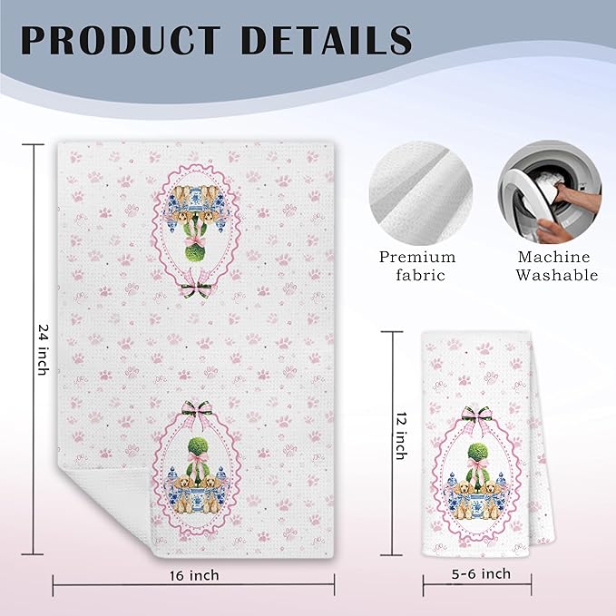 Blue Chinoiserie Christmas Poodle Dog Kitchen Towels, Poodle Gifts for Women Dish Tea Towels for Kitchen Decor, Pink Coquette Bow Xmas Tree Dog Paws Hand Towel for Bathroom Decor, 16x24 Inch