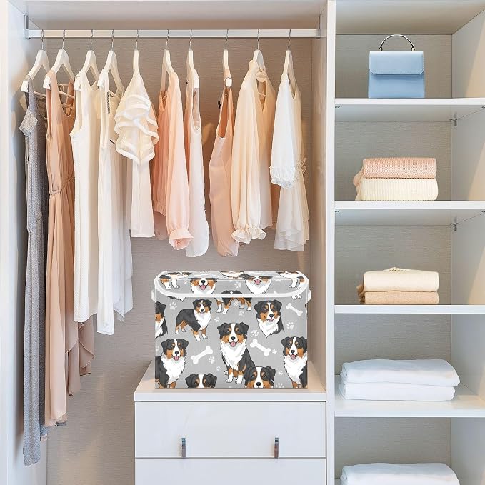 Dog Bone Paw Print Storage Bins with Lids Closet Bedroom 40L Fabric Bin | Decorative Storage Boxes, Foldable & Stackable, Dust-Proof Flip Top, Reinforced Handles, For Home & Dorm, Clothes & Toy Box