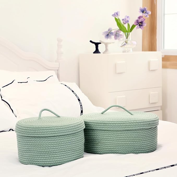 Sea Team Round Storage Basket, Woven Cotton Rope Basket with Lid, Green | Decorative Knitted Storage Bin, Multi-Purpose Lidded Organizer for Closet Shelves, Nursery and Household Storage