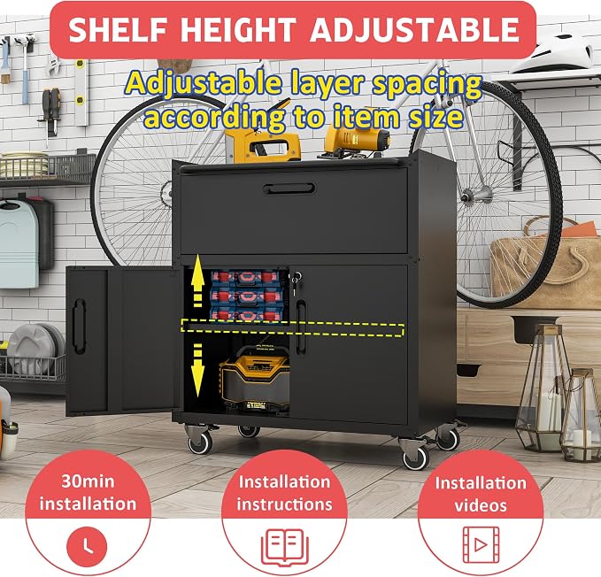 Metal Mobile Tool Storage Cabinet with 2 Locking Door and 1 Drawer | Black Heavy Duty Rolling Tool Cabinets for Garage,Metal Storage Cabinets with Wheels,Assembly Required