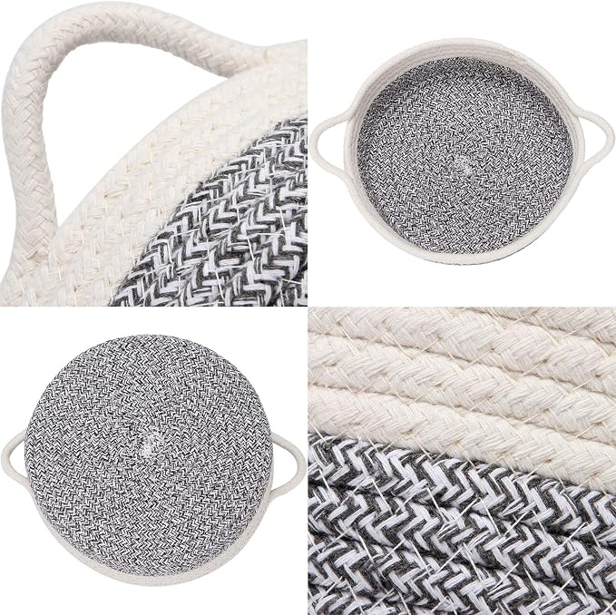 Sea Team 2-Pack Compact Woven Cotton Rope Storage Baskets, Mottled Gray | Knitted Decorative Organizer Bins with Handles, Portable Round Containers for Small Items, Keys, Makeup, Jewelry, Trinkets