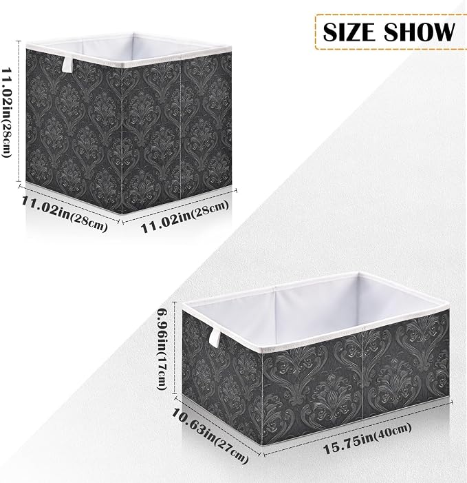 Black Damask Cube Storage Bins Collapsible Fabric Storage Baskets Large Clothes Organizer Box for Bedroom Living Room Study Room 11×11×11 In