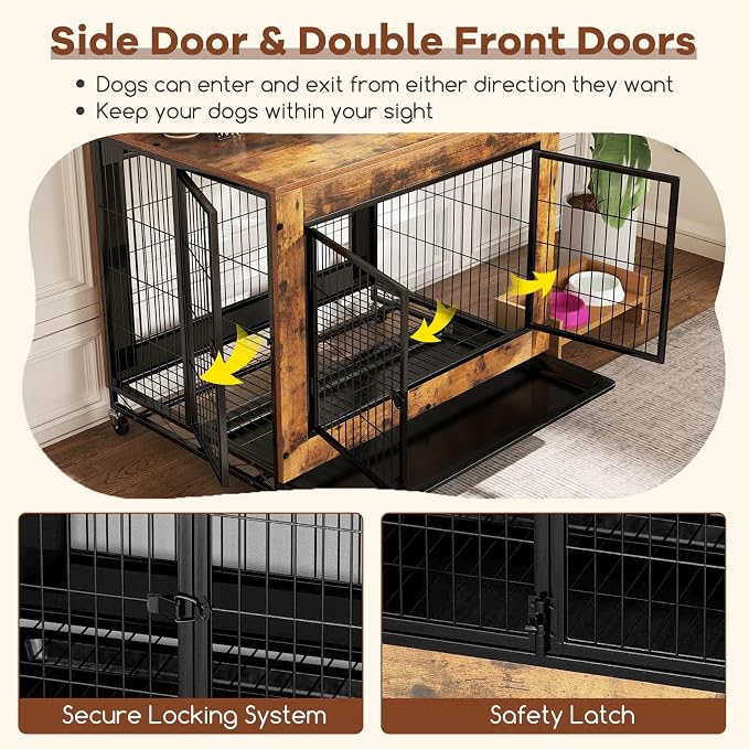 PETSITE Portable Dog Crate Furniture, 38 Inch Wooden Dog Kennel Side Table with Flip-up Top, 3 Lockable Doors and Removable Tray, Ideal for Small to Medium Dogs (Rustic Brown)
