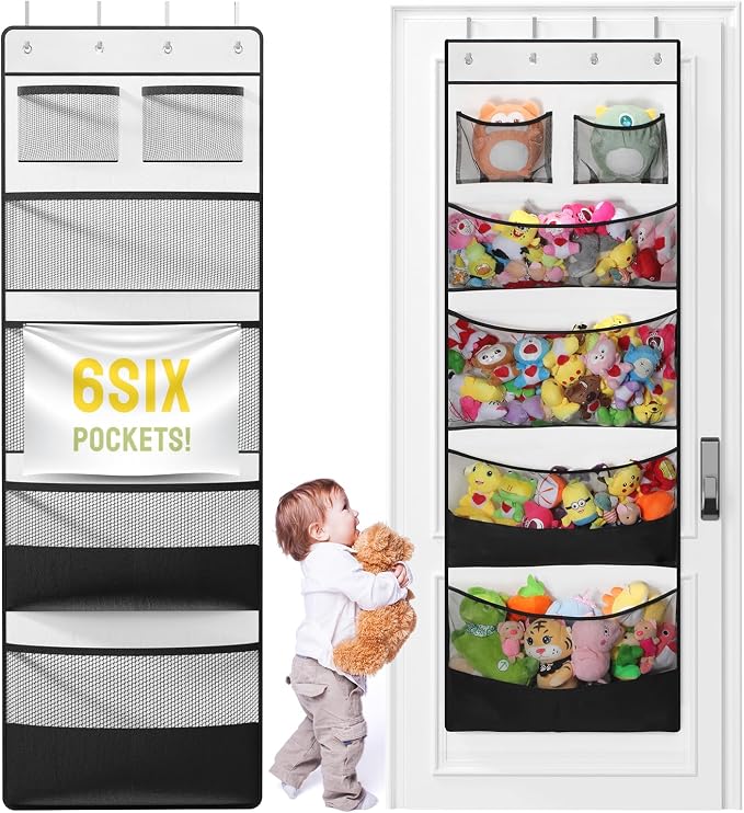 Yecaye Stuffed Animal Storage, Hanging Organizer for Stuffed Animals with 6 Expandable Mesh Net Pockets, Stuffed Animal Hammock, Over the Door Organizer, Black