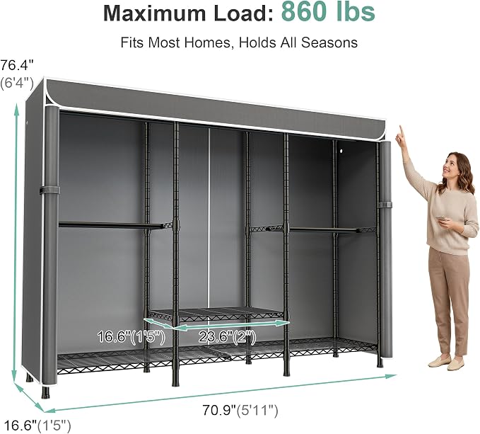 SEMHOR K01C Heavy Duty Clothes Rack with Grey Cover, Max Load 860LBS | Freestanding Portable Closet System with Shelves, Adjustable Carbon Steel Garment Rack, Clothing Racks for Hanging Clothes