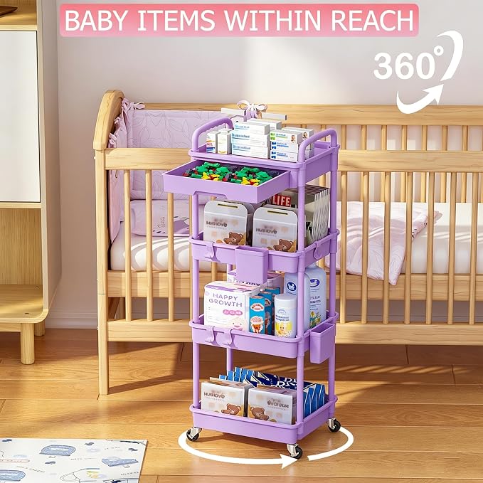 REBECAT 4 Tier Rolling Cart with Drawer, Utility Storage Cart on Wheels for Kitchen, Bathroom, Living Room,Office(Purple)