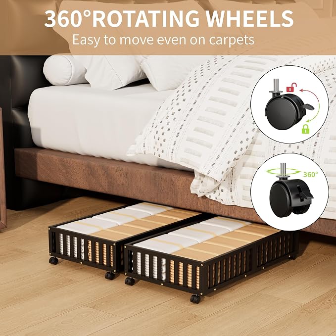 Under Bed Storage with Wheels, 2 Pcs Bamboo Drawers for Clothes and Toy | 360° wheels glide smoothly, Sturdy bamboo frames hold clothes, shoes, bedding and toys. Easy pullout access keeps rooms tidy