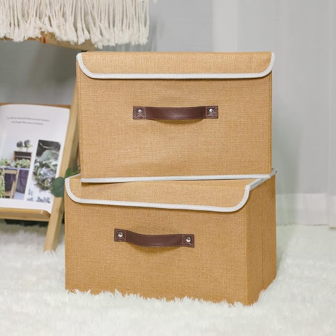 ANMINY Fabric Storage Box Bins with Lids, Khaki, 13"x9"x7.9", 2 Pack | Keepsake Memory Storage, Cotton Linen, PP Board Reinforced, Washable, PU Handles, Foldable & Stackable, Decorative, Medium