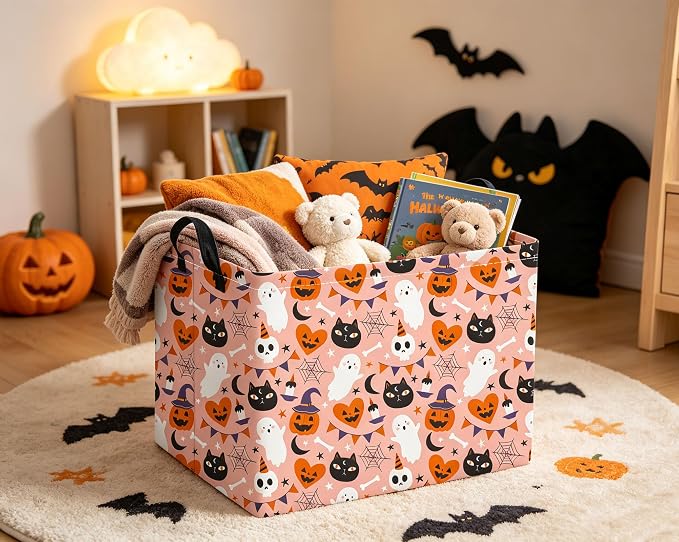 Rectangular Halloween Basket for Boys and Girls Kids Trick or Treat Pumpkin Basket for Halloween Parties Cute Storage Bin Organizer Box Room Decor(Pink Heart Halloween)