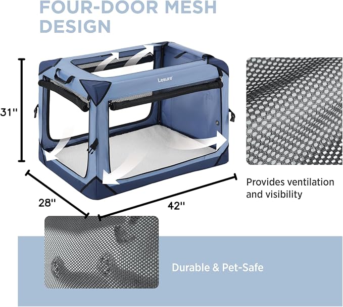 Lesure Portable Soft Collapsible XL Dog Crate, 42in Blue | Travel Camping Pet Kennel, 4-door, Indoor and Outdoor Use, Easy to Set Up and Fold, For Extra Large Breeds Up to 90lbs