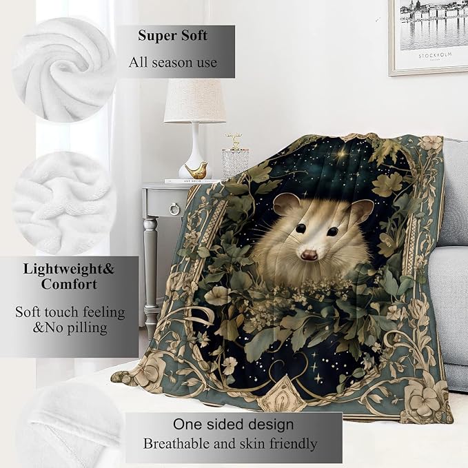 Vintage Possum Blanket,50x60in,Retro Opossum Enchanting Nighttime Floral Frame Throw Blankets,Gifts for Kids Adult & Animal Lovers, Lightweight Soft Fleece,for Sofa Couch Bed Room Rustic Decor