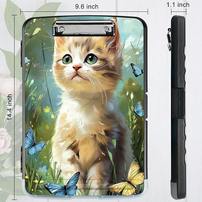 A4 Clipboard with Storage Pen Holder, Clipboards Organizer Nursing Clipboard Foldable File Folder Plastic Clipboard Folio Clip Board for Office Work Classroom Doctor, Lawn Cat Butterfly