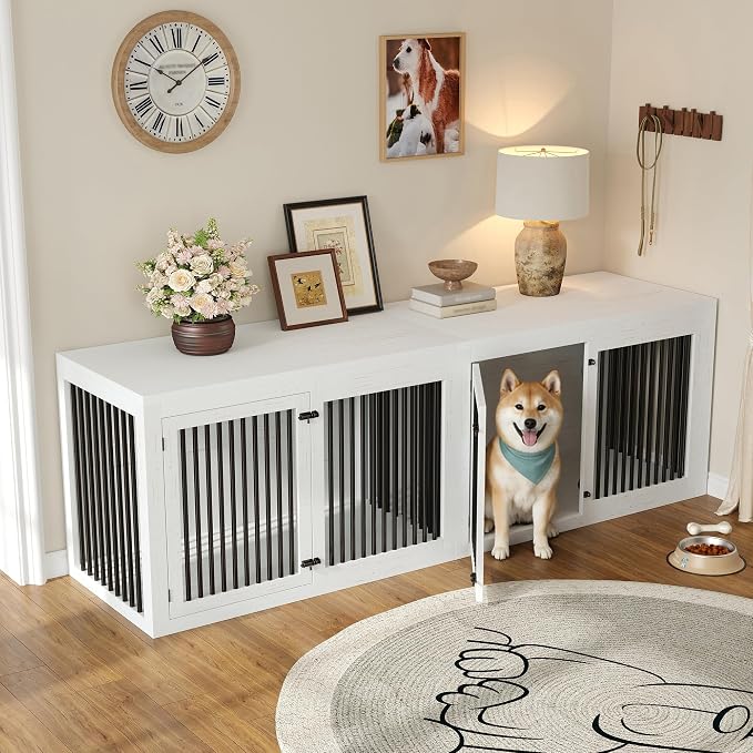 AMERLIFE 128" Extra Large Dog Crate Furniture, 3-in-1 Corner Dog Kennel | Dog Cage with Storage and Divider, Space-Saving Design, Heavy Duty Crate for Medium/Large Dogs, White