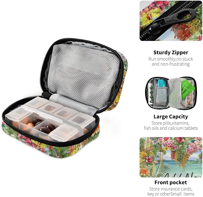 Custom Pill Box 7 Day Pill Case Bag Oil Painting Hawaii Flowers Personalized Name Travel Pill Organizer Bag with Zipper Portable Weekly Case Compact Size for Vitamin Supplement Holder