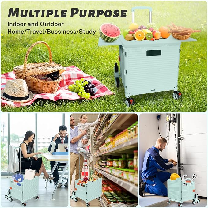 Foldable Utility Cart Collapsible Portable Crate Rolling Carts with Stair Climbing Wheels Tote Basket with Magnetic Lid Telescopic Cover Wear-Resistant 360°Rotate Wheel Noiseless for Shopping Office