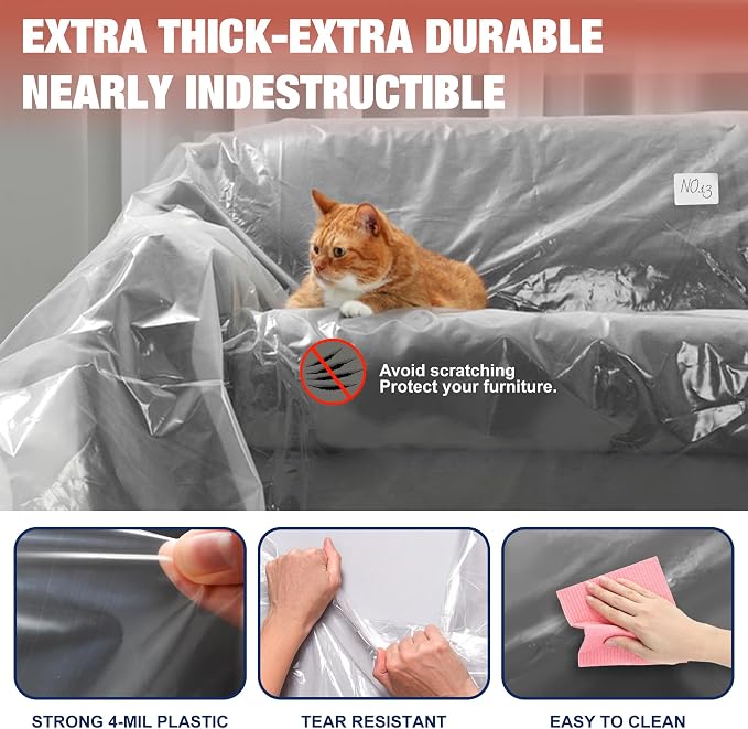 Clear Plastic Moving Loveseat Furniture Storage Covers | Extra Large 68x 62 x 42 Inch Sofa and Couch Bags, Waterproof and Dust Proof, For Renovation, Wrap, With Labels