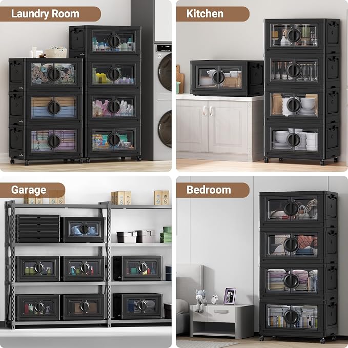 BROVIEW 480Qt Lockable Stackable Storage Bins with Lids, Closet Organizers and Storage Drawer, Collapsible Storage Bin with Wheels, Plastic Cabinet for Toy Clothes Dorm Organizer, V9 4 Pack Black