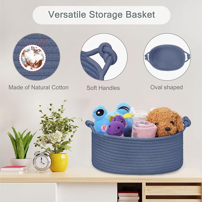 COMSE Small Gift Basket Empty with Bag & Ribbons, Solid Folkstone Gray | Cotton Rope, 12"x 8"x 5", Pet Toy Storage Organizer, Woven Basket for Birthdays, Baby Showers, Mother’s Day, Valentine’s Day