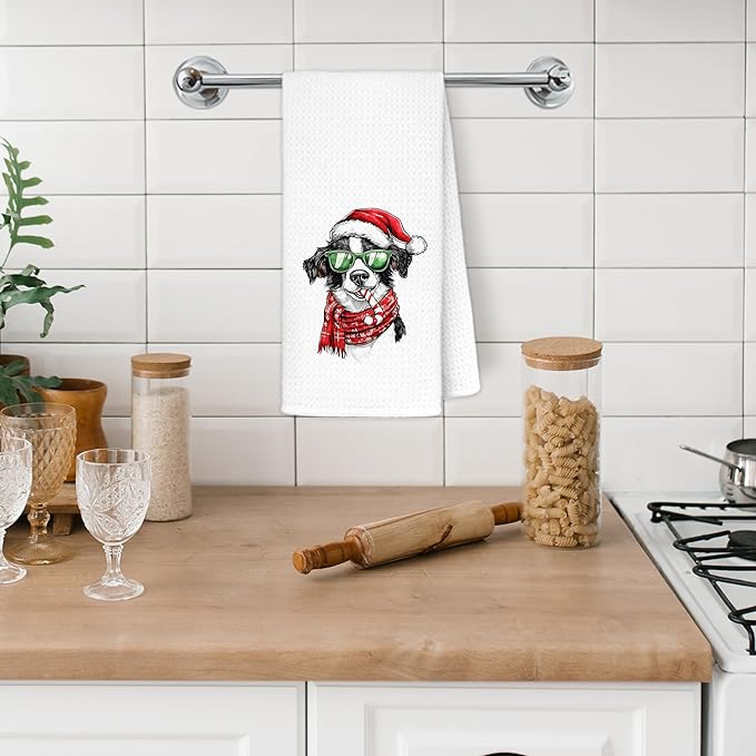 Christmas Border Collie Kitchen Towels, Border Collie Gifts for Women Dish Tea Towels for Kitchen Decor, Retro Xmas Santa Dog Decorative Hand Towel Bathroom Decor, 16x24 Inch