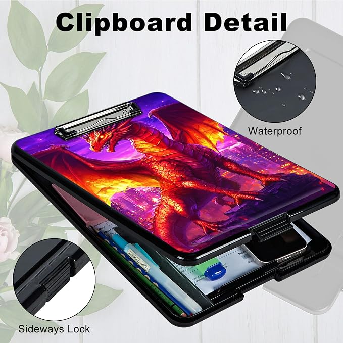 Heavy Duty Storage Clipboard, Slim Nursing Clipboard with Internal Pen Case, Portable File Organizer Case for A4 Letter Size Paper Office Medical Professionals, Purple Red Dragon