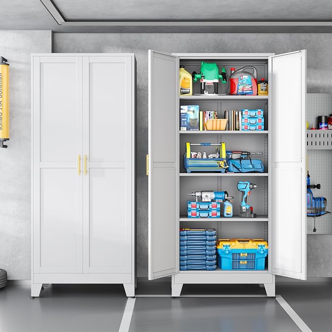 White Pantry Storage Cabinet, 71" Metal Kitchen Pantry Storage | Steel Storage Cabinets with Doors and 4 Adjustable Shelves, Metal Storage Cabinet, for Office, Home, Garage, School