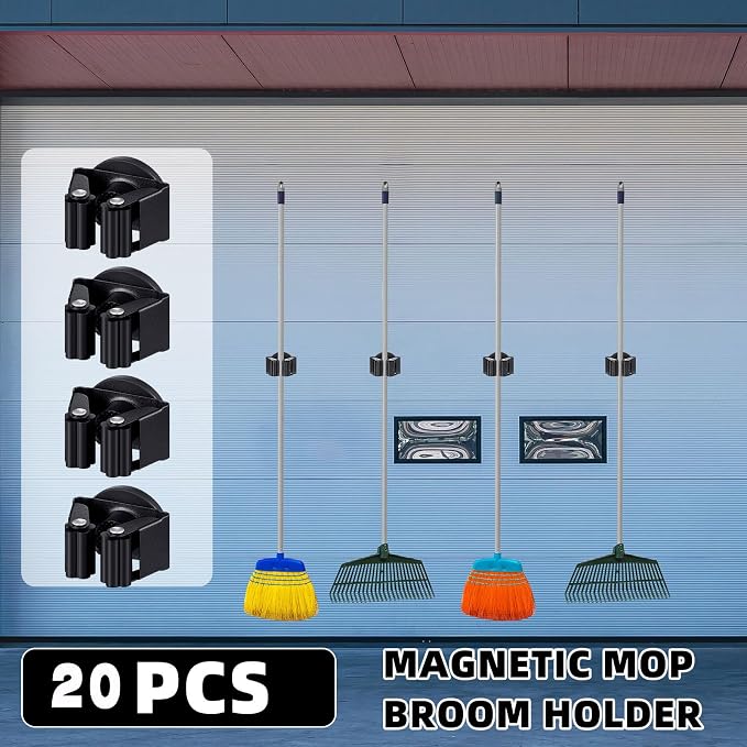 Vercraft 20 Pcs Magnetic Broom Holder Wall Mounted Anti Slip Rack,Black | Movable Magnetic Organizer for Mops Brooms, Dual Roller Grip, Wall Storage for Garage Kitchen Laundry Garden Tools