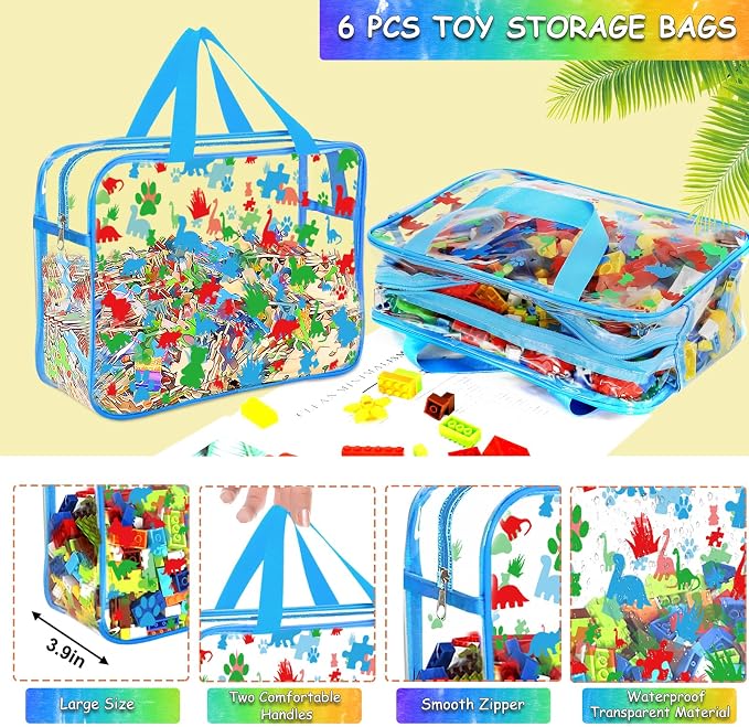6 Packs Large Toy Storage Bags with Labels, Reusable Clear PVC Storage Bag, Travel Waterproof Organizer Bags (Blue-cute pattern)