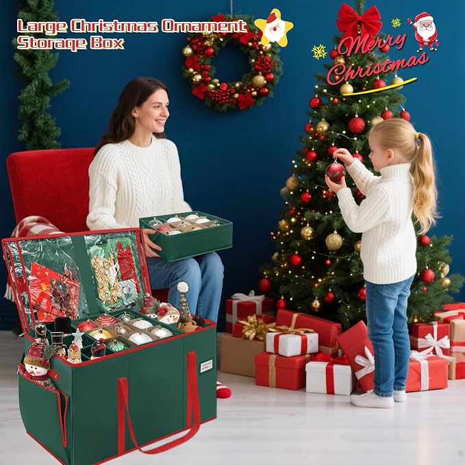 2-in-1 Christmas Ornament Storage Box Keeps 64-3"/36-4" Holiday Ornaments | Xmas Figurine Organizer Container,4 Separate Trays , Adjustable Extent Area for Figurines and Pockets for Holiday Décor