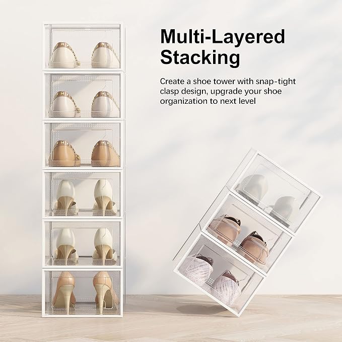 12 Pack Shoe Storage Box, Clear Plastic Stackable Shoe Organizer for Closet, Space Saving Foldable Shoe Rack Sneaker Container Bin Holder