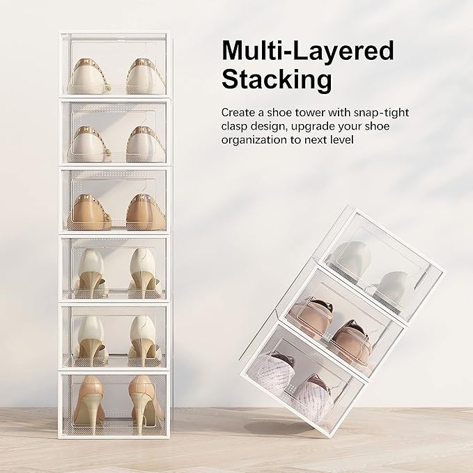 X-Large Shoe Storage Box Fit Size 11, Clear Plastic Stackable Shoe Organizer for Closet, Space Saving Foldable Shoe Rack Sneaker Container Bin Holder, 12 Pack Clear