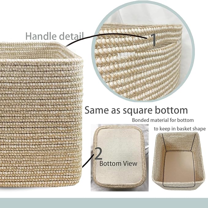COMFY-HOMI 3PACK Cotton Rope Square Basket with Handles for Shelves| Storage|Baby Basket for GIF|Shoe Basket for Organizing|New13.5" x 11" x 9.5" for Living Room