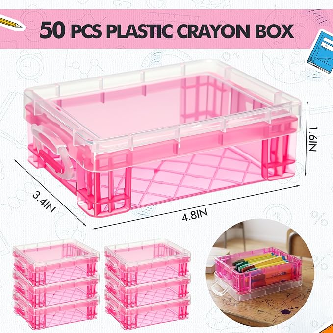 Suzile 50 Pcs Plastic Crayon Box with Lid 4.8 x 3.4 x 1.6 In Crayon Storage Containers Bulk for Office School Classroom Supplies Pen Pencil Art Crafts(Pink)